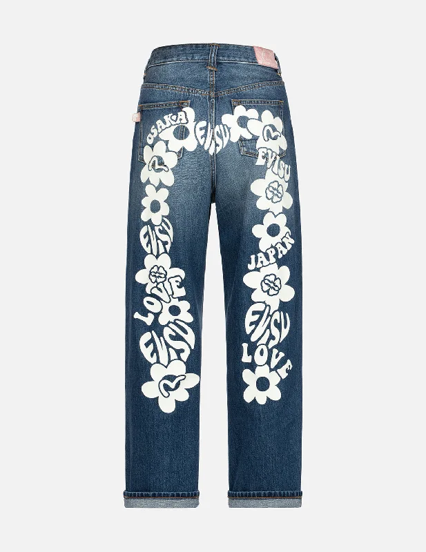 Floral Seagull Plastisol Daicock Print Wide Leg Jeans Unique Women's Upcycled