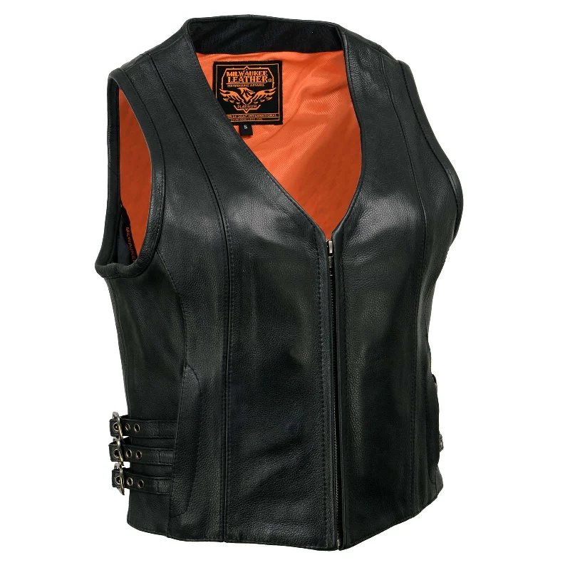 Milwaukee Leather MLL4510 Women's Black Premium Leather Side Buckle Motorcycle Rider Vest with Front Zip Closure Monochromatic Office Style Milwaukee Leather MLL4510 Women's Black Premium Leather Side Buckle Motorcycle Rider Vest with Front Zip Closure Monochromatic Office Style