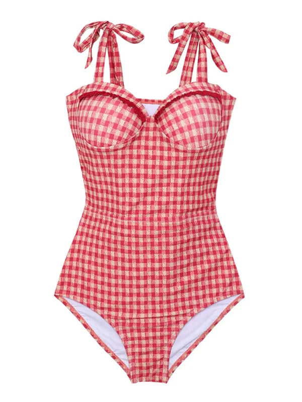 Red 1950s Checked Back Cut-Out Swimsuit Country