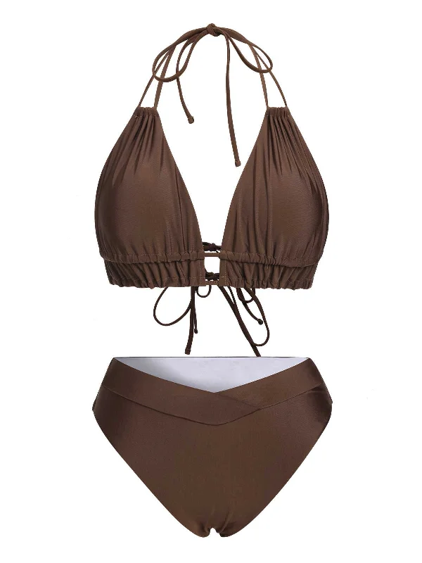 Brown 1960s Halter Solid Swimsuit European