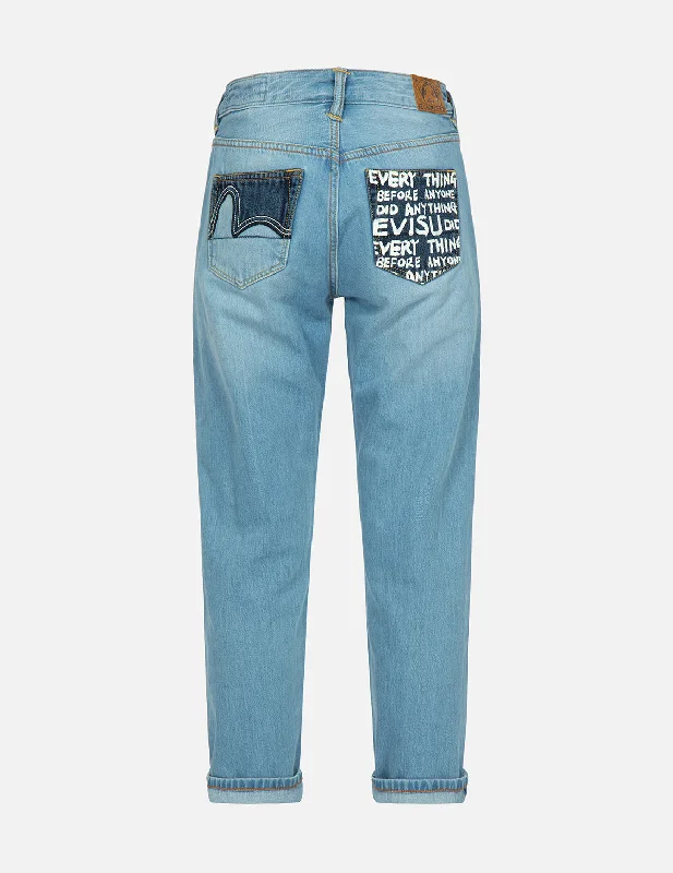 Brand Motto Print Fabric-blocking Boyfriend Jeans Traditional Women's 