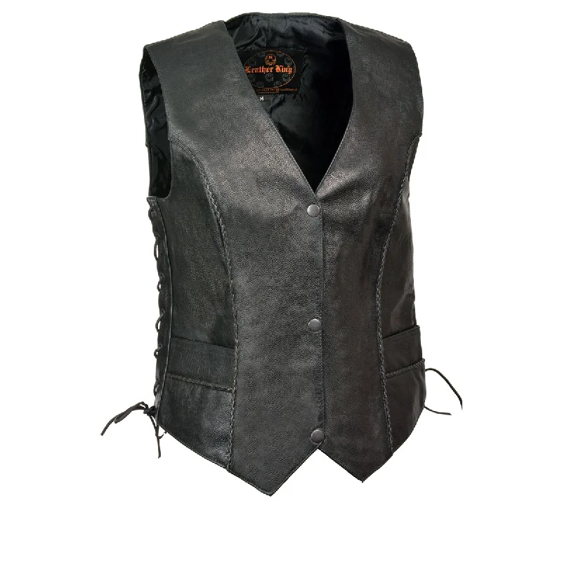 Milwaukee Leather SH2045 Women's Black Thin Braid Leather Side Lace Motorcycle Rider Vest- Front Snap Closure Dapper Women's Bow - adorned Milwaukee Leather SH2045 Women's Black Thin Braid Leather Side Lace Motorcycle Rider Vest- Front Snap Closure Dapper Women's Bow - adorned