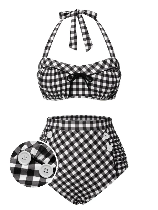 Black 1940s Plaid Halter Swimsuit Refined Women's Classic 