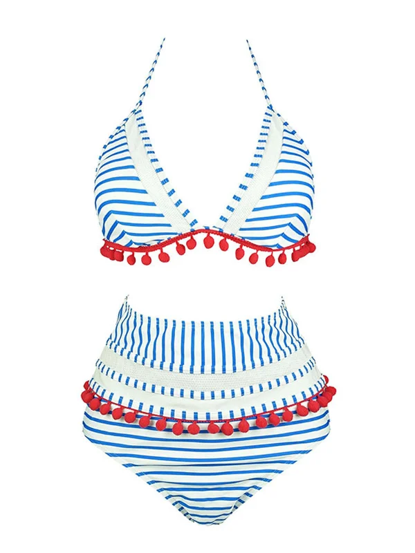 1970s Fur Ball Pendant Tassel Striped Swimsuit Edgy Women's Punk