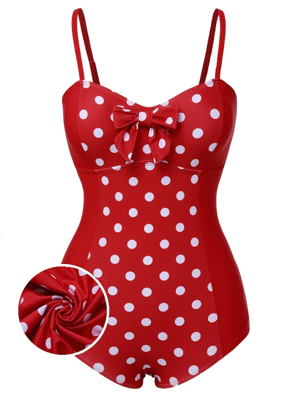 Red 1950s Polka Dot Patchwork Strap Swimsuit Business