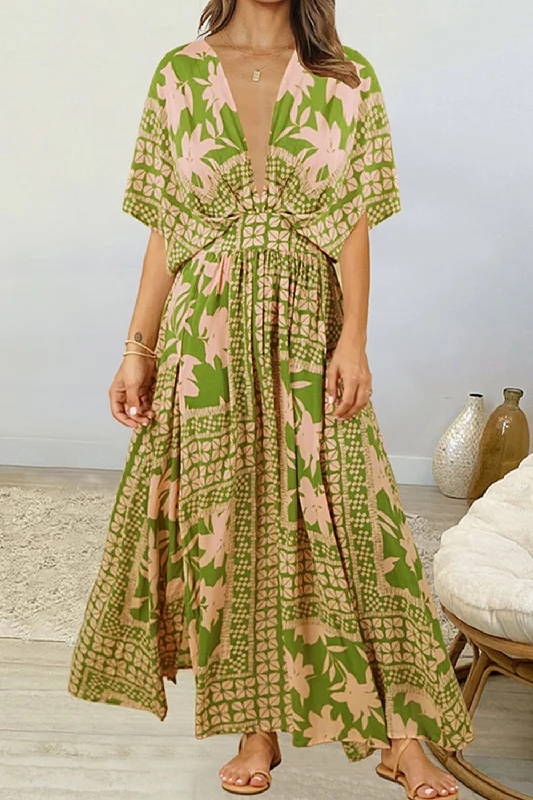 Floral Deep V Dolman Sleeve Split Maxi Dress Earthy Women's Hemp - based