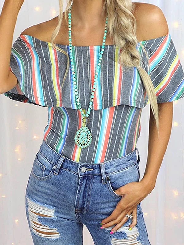 Striped Off-Shoulder Blouse Youthful Women's Pop