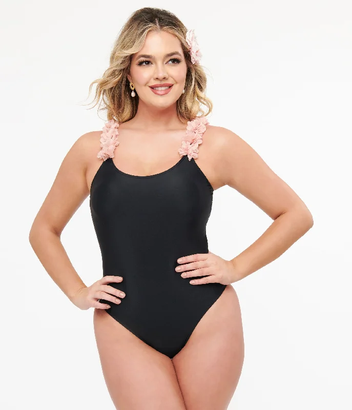 Black & Pink Flower One Piece Swimsuit Sophisticated Women's 
