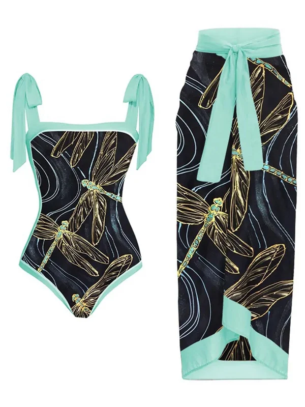 Black 1950s Dragonfly Lace-up Swimsuit & Cover-up Dapper Women's Bow - adorned