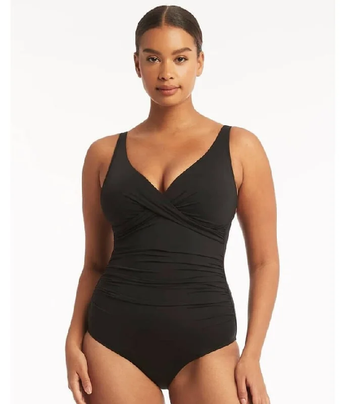 Sea Level Eco Essentials Cross Front A-DD Cup One Piece Swimsuit - Black Cashmere