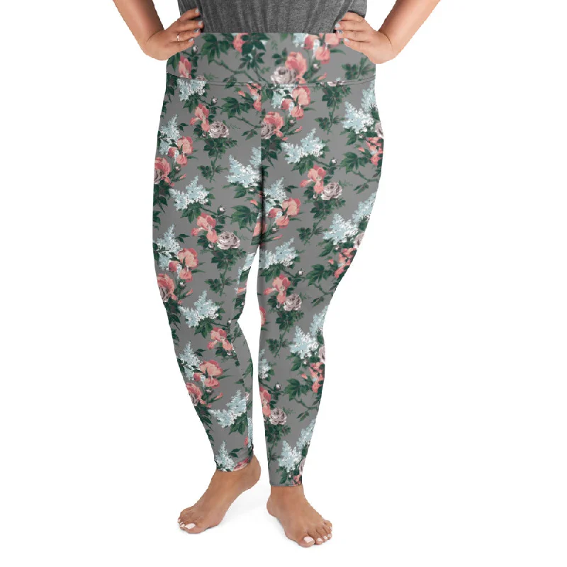Grey J'Adore Bella Roses Plus Size Stretch Leggings | Pinup Couture Relaxed Modern Women's Grey J'Adore Bella Roses Plus Size Stretch Leggings | Pinup Couture Relaxed Modern Women's