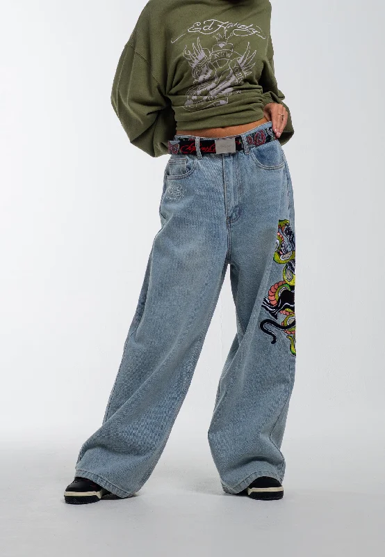 Womens Panther Battle Xtra Oversized Denim Trousers Jeans - Bleach Monochromatic Office Style