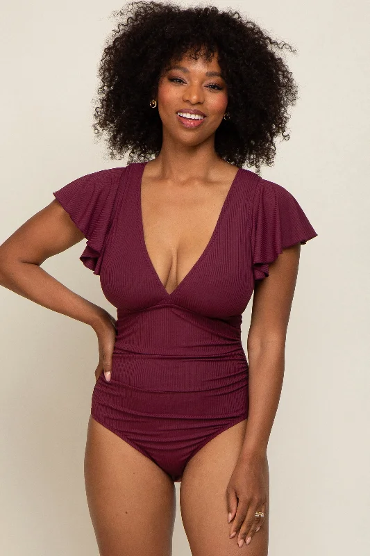Plum Deep V-Neck Flounce One Piece Swimsuit Sporty Women's Athleisure 