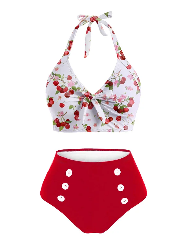 2PCS 1950s Cherry Patchwork Bikini Set Dynamic Women's High - energy
