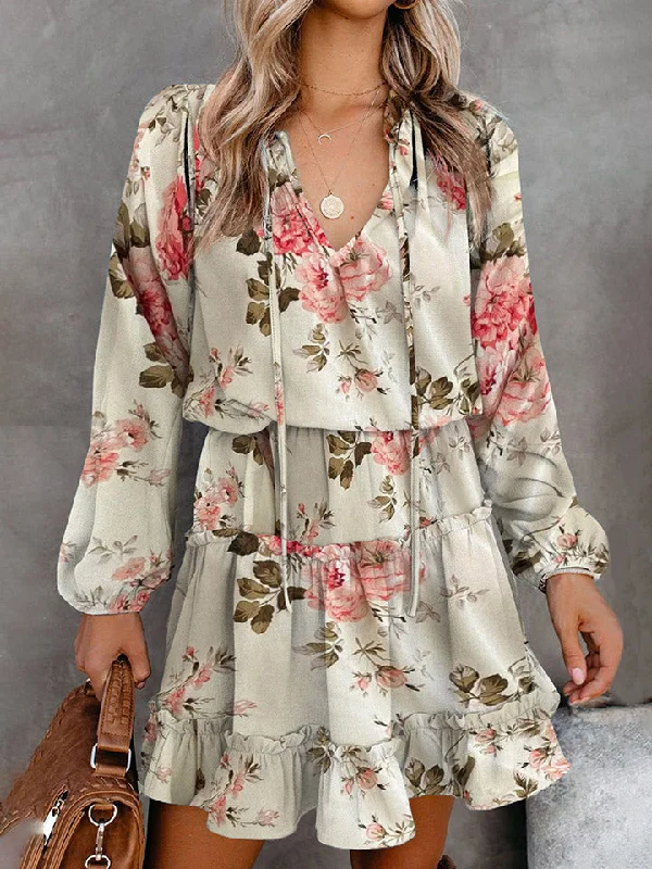 Printed Tie Neck Long Sleeve Dress Modern Women's Tech