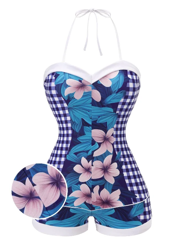 Blue 1950s Plaid&Floral Swimsuit Monochromatic Office Style