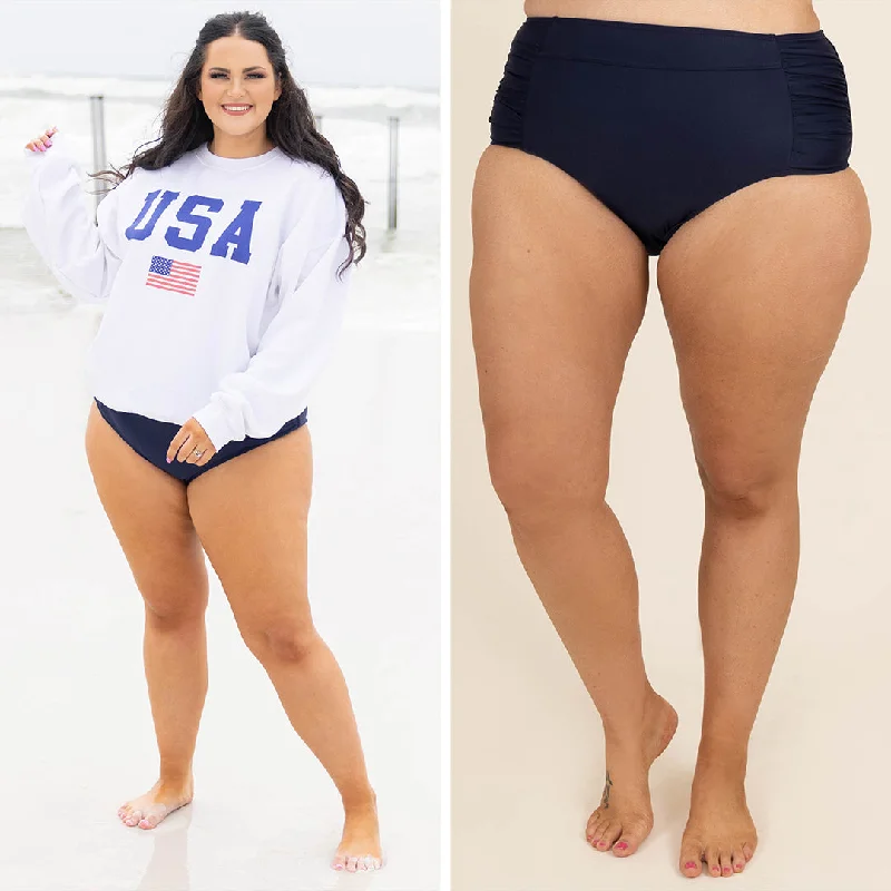 Oceans Of Love Swim Bottom, Navy Hip Women's Retro