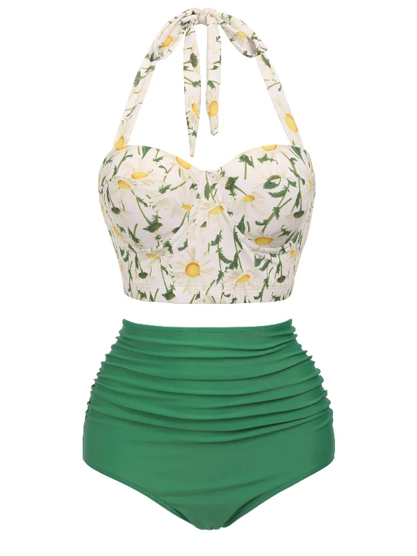 [Plus Size] 1950s Floral Halter Lace-up Bikini Set Traditional Women's 