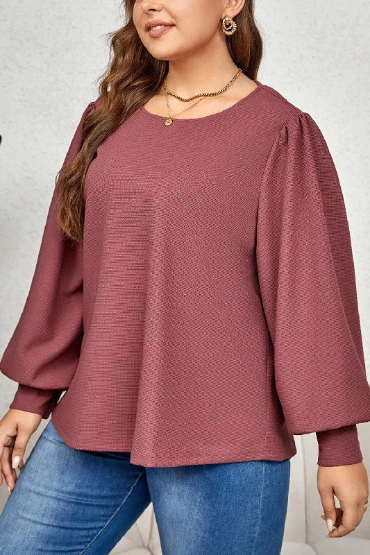 Plus Size Round Neck Puff Sleeve Top Refined Women's Hand - crafted