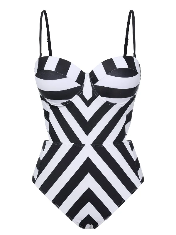 1960s Black White Contrast Stripes Swimsuit Disco