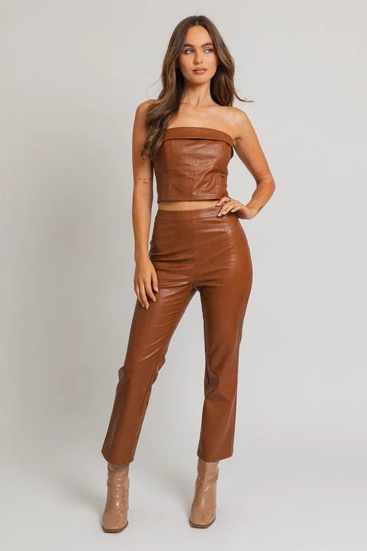 Chloe 70s Fitted Straight Pants in Tan Faux Leather | Le Lis Traditional Women's Wool Chloe 70s Fitted Straight Pants in Tan Faux Leather | Le Lis Traditional Women's Wool