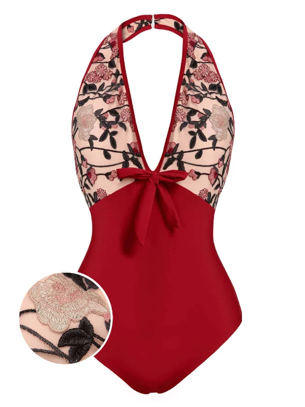 Wine Red 1950s Floral Backless Swimsuit Traditional Women's 