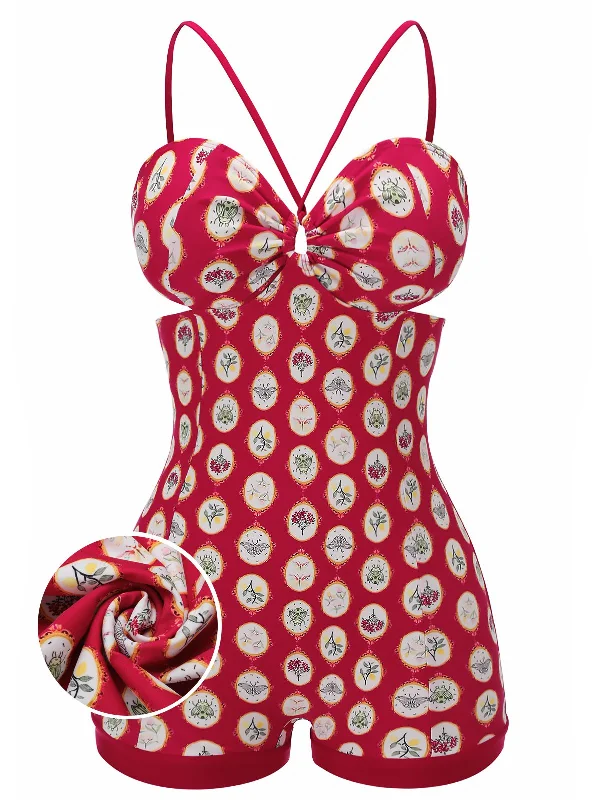 Red 1950s Strap Floral One-piece Swimsuit Sophisticated Women's Tailored