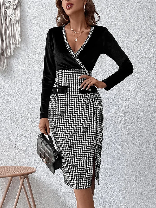 Surplice Neck Houndstooth Dress Cozy Women's Winter