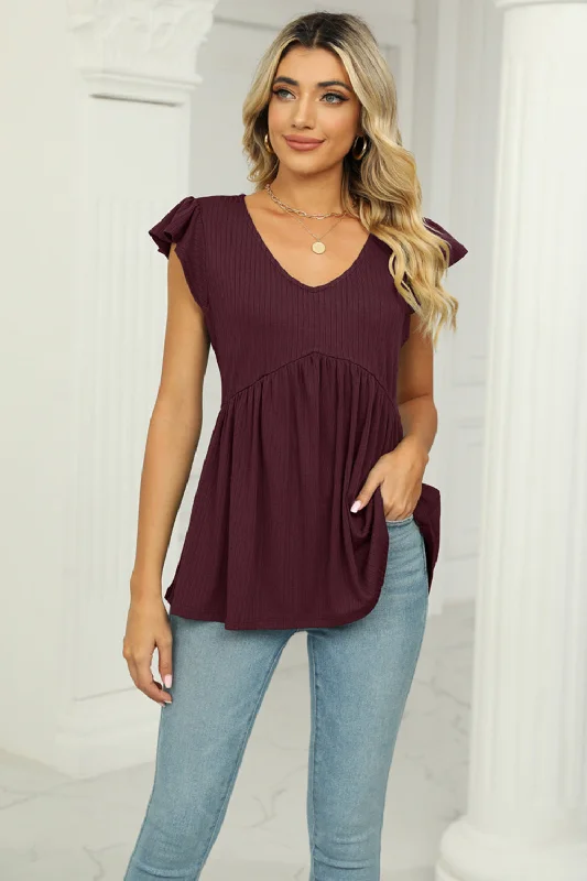 V-Neck Flutter Sleeve Babydoll Blouse Sleek Women's 
