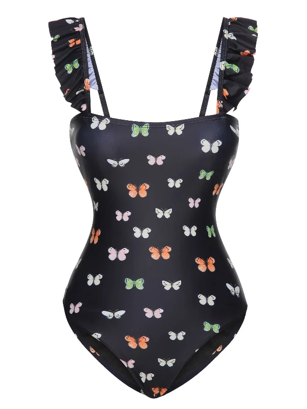 Black 1950s Butterfly Flare Sleeve One-Piece Swimsuit Relaxed Women's 