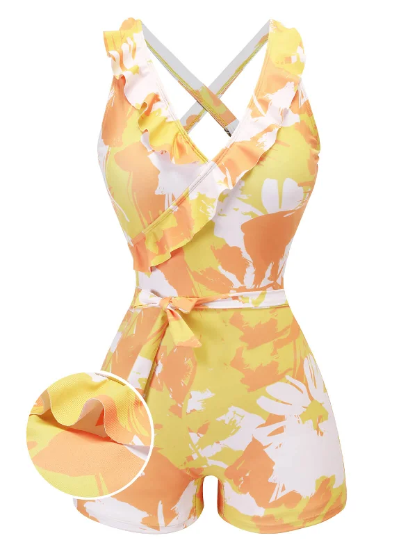 Yellow 1940s Painting Plants Lace-Up Swimsuit Practical Women's Multi - 