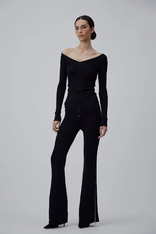 CASHMERE RIB WIDTH PANTS IN GLOSSY BLACK Dapper Women's 1920S