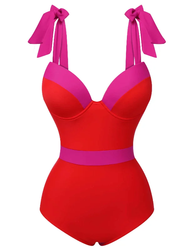 Red 1950s Colorblock Shoulder Tie-Up Swimsuit Preppy Women's College