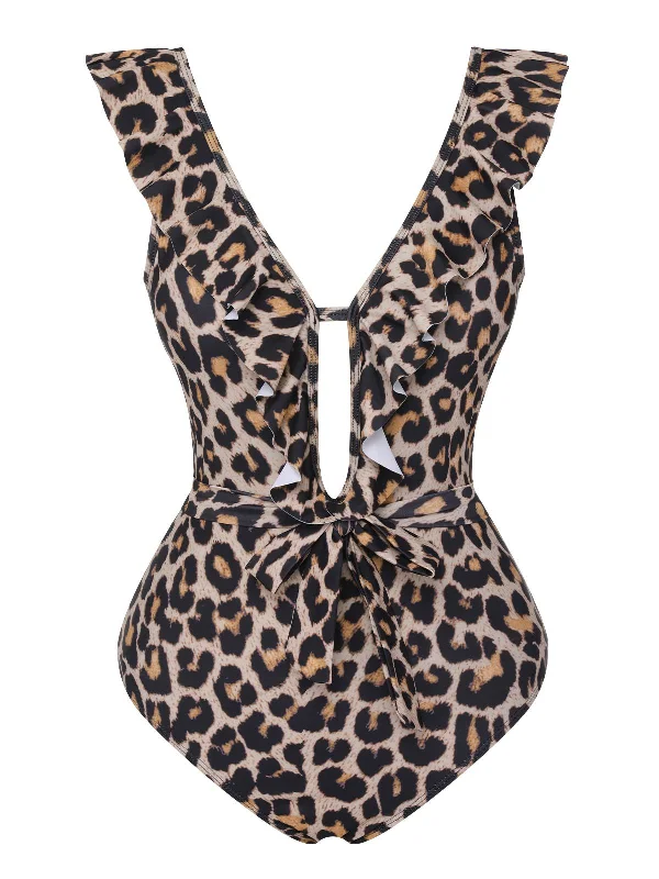 1950s All-Over Print Ruffled Belt One-Piece Swimsuit Athletic Women's 