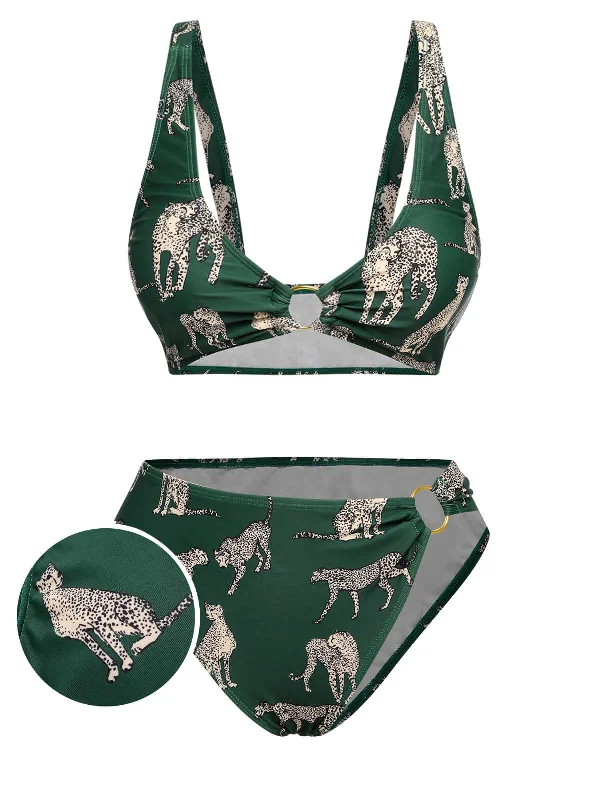 Green 1940s Leopard Halter Split Swimsuit Relaxed Women's Beachy