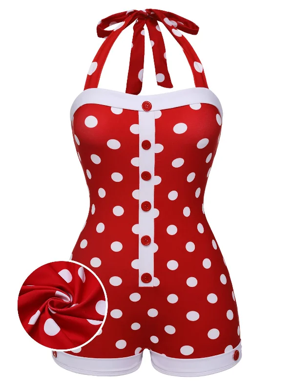 Red 1950s Polka Dot Patchwork Halter Swimsuit Hip Women's Retro