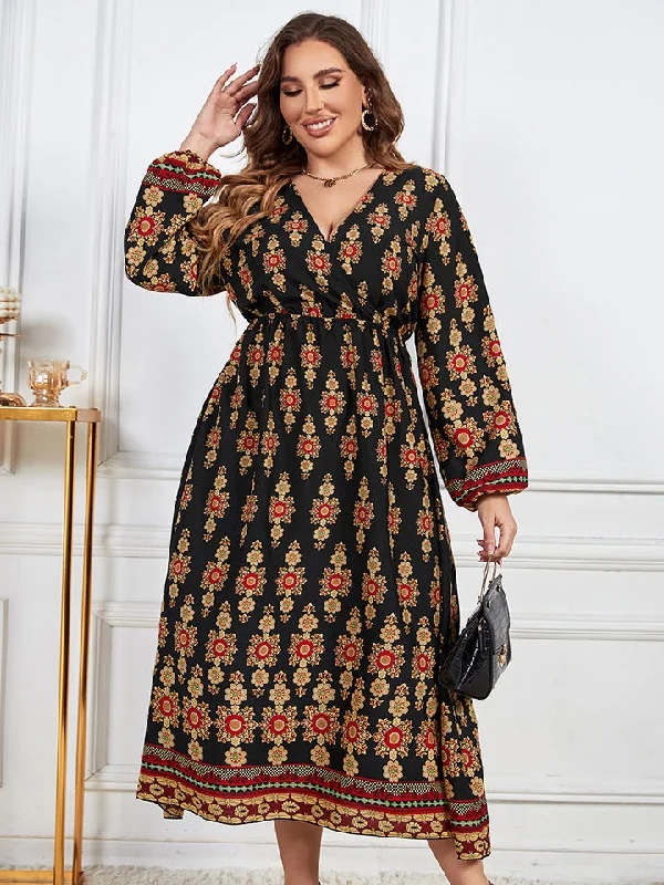 Plus Size Printed V-Neck Surplice Neck Dress Vacation