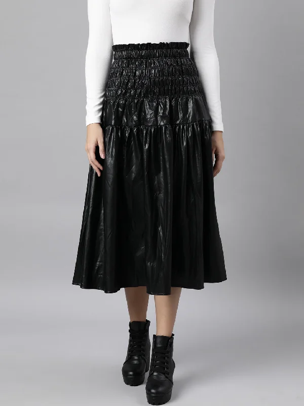 Women Solid Black Flared Midi Skirt Disco