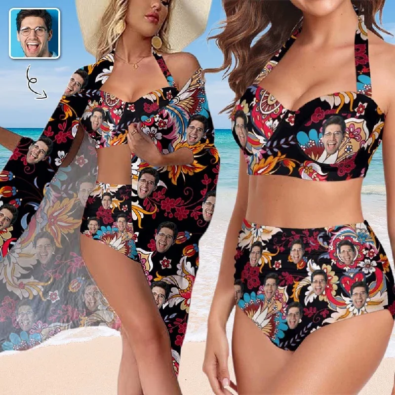 Custom Face Dark Red Women's Bikini Swimsuit Long Short Kimono Chiffon Blouse Set Elegant Women's Formal 