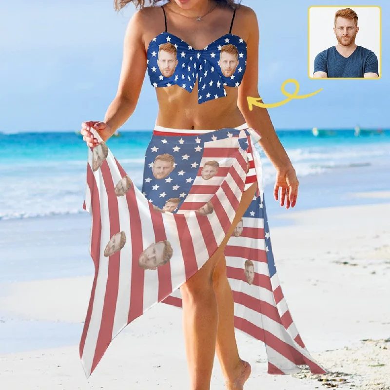 Custom Face American Flag Bikini&Cover Up Set Women's Chest Bow Bikini Long Cover Up Skirt With Slit Tough Women's Military - inspired