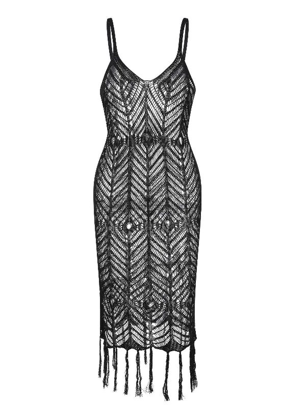 Black 1950s Spaghetti Strap Hollow Out Cover-Up Practical Women's Quick - dry