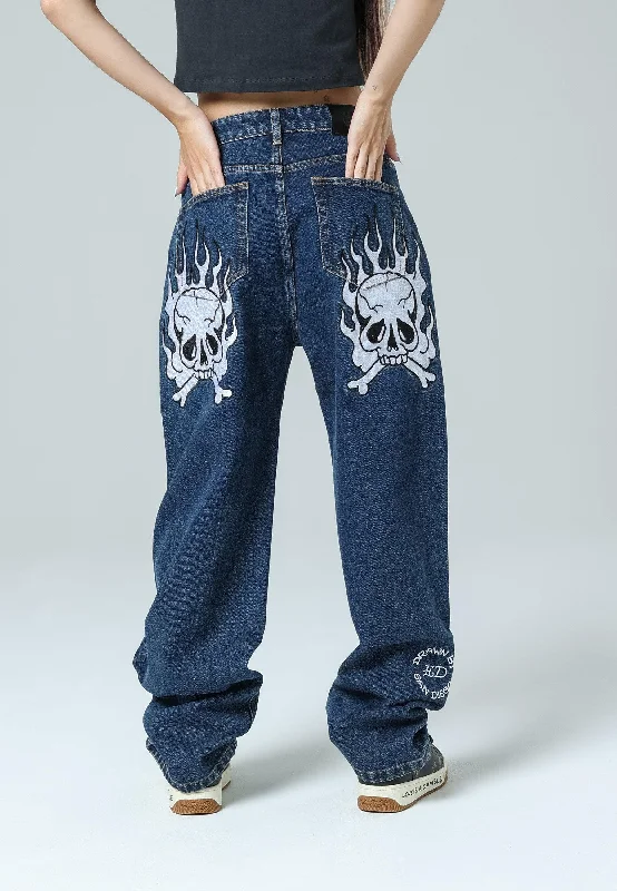 Womens Flaming Skull Relaxed Fit Denim Trousers Jeans - Indigo Stylish Women's Neon Womens Flaming Skull Relaxed Fit Denim Trousers Jeans - Indigo Stylish Women's Neon