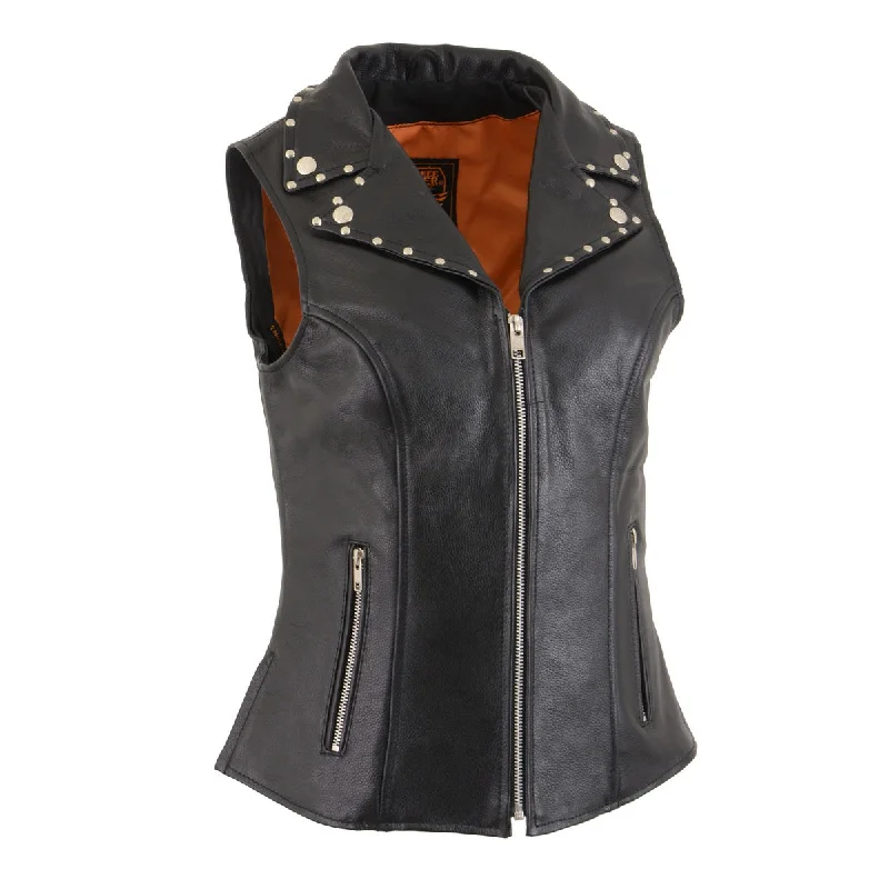Milwaukee Leather MLL4503 Women's Black V-Neck Leather Classic Motorcycle Rider Vest w/ Riveted Lapel Collar European Milwaukee Leather MLL4503 Women's Black V-Neck Leather Classic Motorcycle Rider Vest w/ Riveted Lapel Collar European