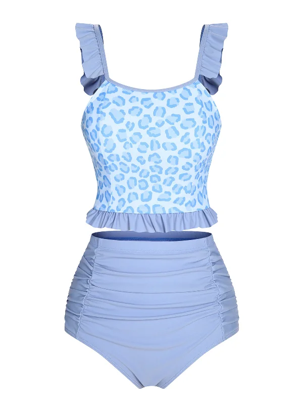 2PCS Blue 1940s Leopard Patchwork Swimsuit Edgy Women's Punk