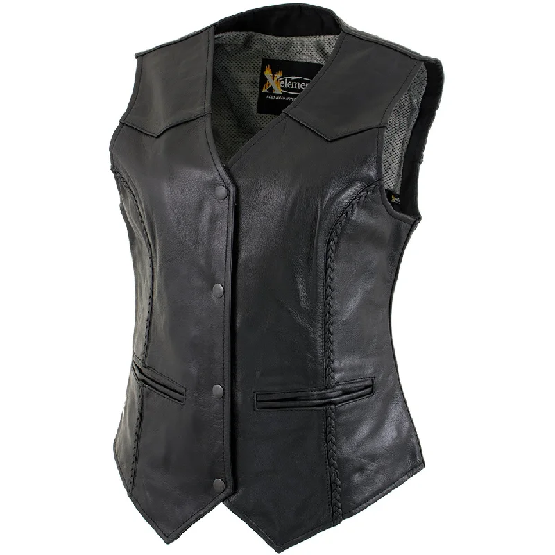 Xelement Women's Road Queen Black Leather Braided Vest B206 Edgy Women's Punk