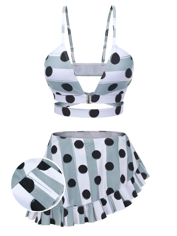 Multi 1940s Striped Polka Dots Strap Swimsuit Gym