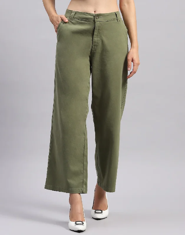 Women Olive Solid Wide Leg Trouser Elegant Women's Formal 