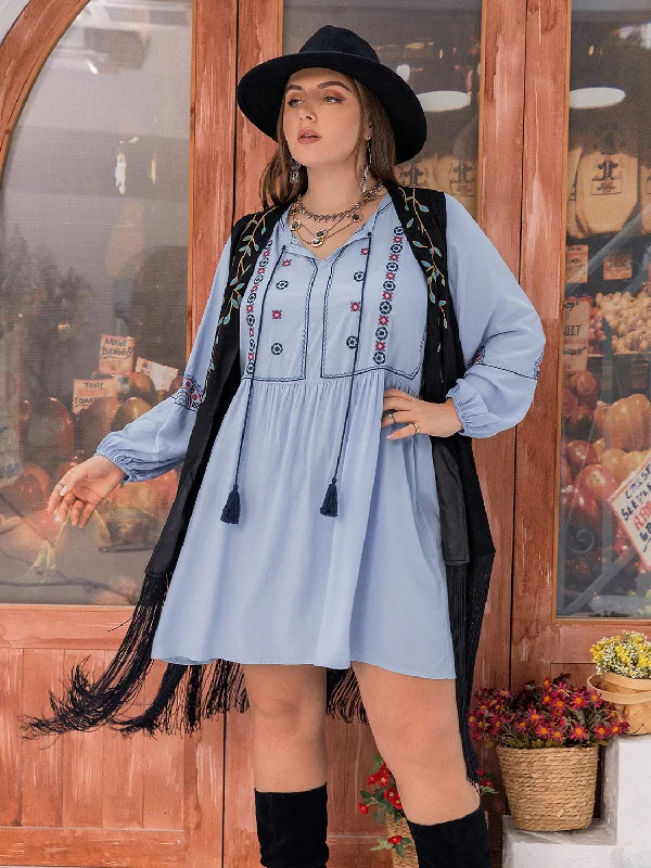 Plus Size Tie Neck Tassel Detail Long Sleeve Mini Dress Casual Women's Loose - fitting