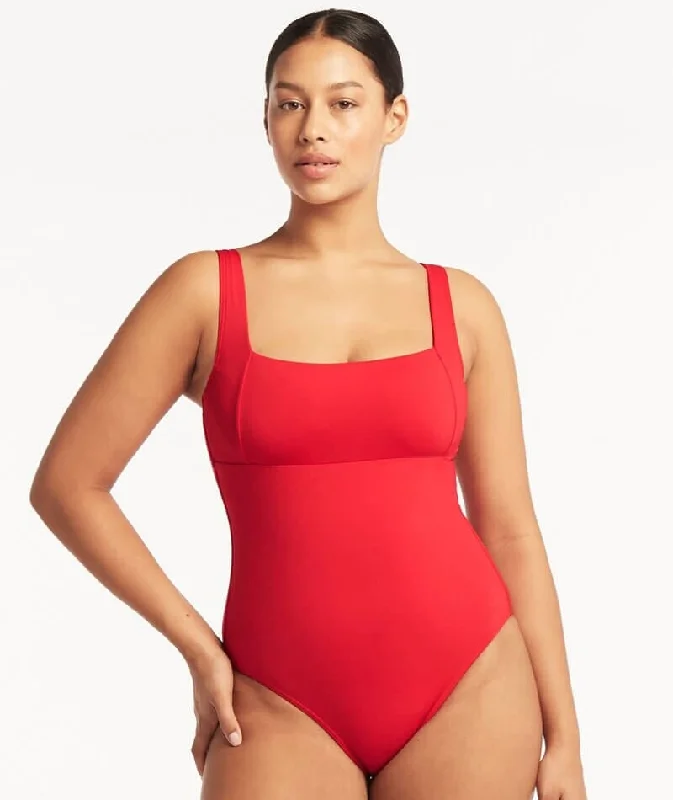 Sea Level Eco Essentials Square Neck One Piece Swimsuit - Red Trendy Women's Oversized