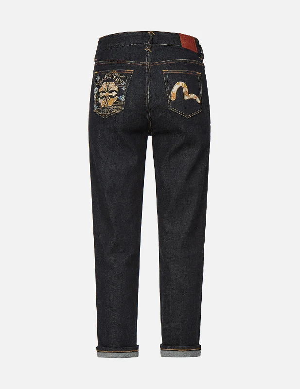 Brocade Kamon and Seagull Appliqué Straight Leg Jeans Dapper Women's Bow - adorned